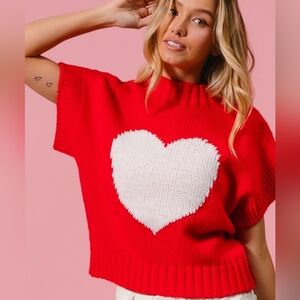1-0130 *BOUTIQUE* PLUS BiBi Heart Red And White Crop Sleeve Sweater